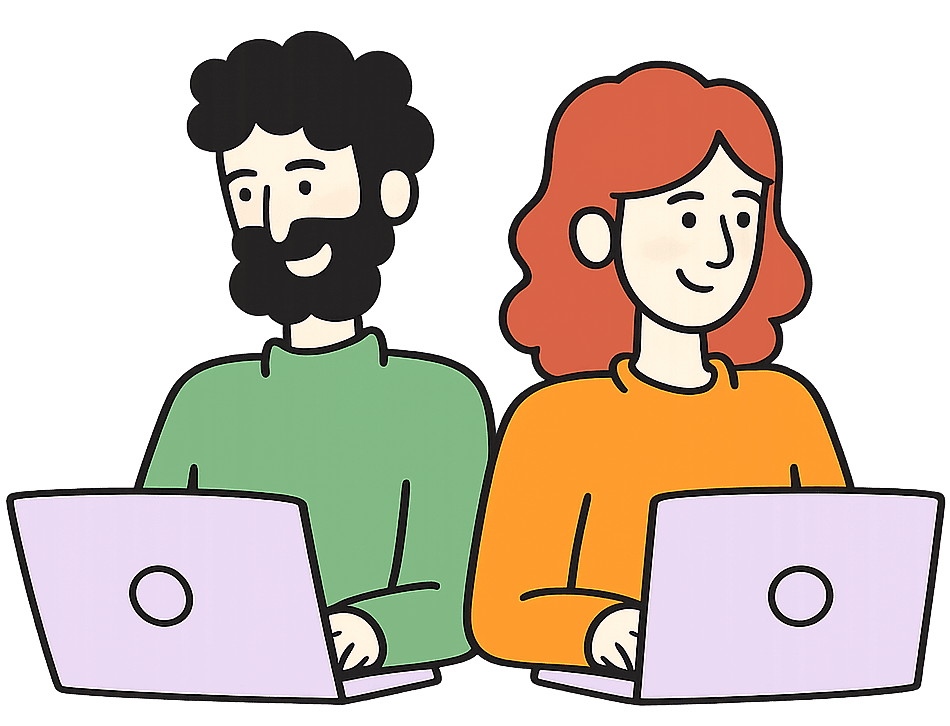 Illustration of two people working together with laptops